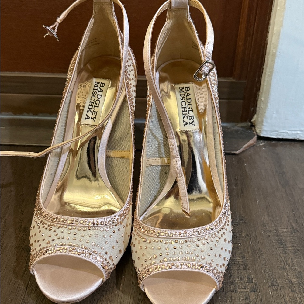 Badgley Mischka Weylin rose gold Satin Rhinestone Heels Shoes worn once sz 6.5